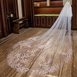kamames White Ivory Two Layer Lace Wedding Veil with Pink Flowers Cathedral Long Bridal Veils with Metal Comb Wedding Accessories Bride
