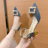kamames kamames Square Buckle High Heels Women Spring 2023 New Korean Version Fashion Pointed Thick With Shallow Mouth Empty Single Shoes Women