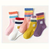 5 Pairs Of Toddler's Trendy Color Block & Smiling Face Pattern Crew Socks, Soft Comfy Children's Socks For Boys Girls All Seasons Wearing