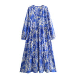 kamames Spring Printed V-Collar Stitched Long-Sleeved Dress 9878093