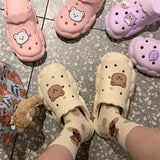 Summer Slippers for Beach DIY Hole Shoes Cartoon Bear Women's Shoes Antislip Soft Cloud Sole Holiday Female Flipflop Sandals