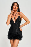 kamames Oga Halter Sequin Feather Mini Dress - Black