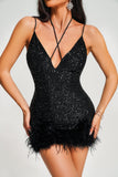 kamames Oga Halter Sequin Feather Mini Dress - Black