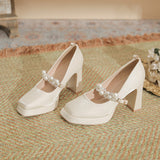 kamames kamames Square Head Thick Heel High Heels 2024 Spring French Pearl One Word Buckle Satin Wedding Shoes Bride Shoes