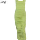 Zingj Women Sexy Sleeveless Solid Color Strapless Fold Dress Summer Bodycon Casual Summer Sundress Brown/Black/Green/Purple