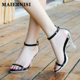 kamames Solid One Word With High Heels Party Sandals Summer Sexy Nightclub Transparent Ladies Shoes New Crystal Thin Heel Women Shoes