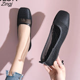 kamames Spring Summer Ballet Flats Women Casual Knit Fabric Stretchy Square Toe Flat Heel Boat Shoes