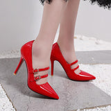 kamames SGESVIER Fashion Pointed Toe Solid High Heel Shoes Nightclub Women's Pumps Thin Heel Buckle Wedding Party Shoes Size 30-47 OX293