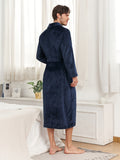 Cozy Solid Color Flannel Robe - Men's Autumn Winter Loungewear with Double Pockets, Lace-Up Closure, Elegant Design - Soft, Plush, and Warm Bathrobe Pajamas for Relaxation