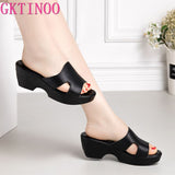 GKTINOO Women Slipper Sandals Wedges Platform Genuine Leather Peep toe Female Sandals Ladies clogs Summer Shoes Plus Size 41 42