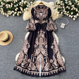 kamames Vintage Dress Women's High-End V-Collar Lantern Sleeves Show Thin Waist Fashionable Print Forked Dress