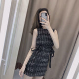 kamames Summer Women Tweed Bandage Dresses for Women Party Sleeveless Bow O-Neck Plaid Elegant Casual Empire Bodycon Short Dress