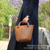 KAMAMES New Women's Woven Bag Rattan Bag Straw Bag Leisure Vacation Wooden Handle Bucket Bag Women's Handbag