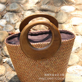 KAMAMES New Women's Woven Bag Rattan Bag Straw Bag Leisure Vacation Wooden Handle Bucket Bag Women's Handbag