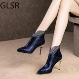 Peacock Pattern Embossed Leather Boots Woman Ankle Boots Plating Heel Rhinestone Women's Winter Shoes 2020 Female Footware Blue