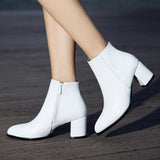 kamames Women Boots Square High Heel Ankle Boots Fashion Pointed Toe Buckle Winter Zipper Boots Female Shoes Black White Beige