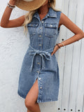 Women's Sleeveless Denim Dress With Belt, Elegant Long Jean Dress, Casual Summer Dress With Pockets, Front Button-Down Design, Fashion Streetwear