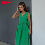 kamames Summer V-Neck Green Women'S Dress 2022 Casual Loose Sleeveless Office Midi Dresses Elegant Classic Ruched Female Dress