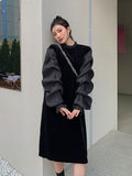 kamames Black Velvet Puff Sleeve Vintage Long Dress Women 2021 Spring Autumn Side Split Ruffle Neck Long Sleeve Ladies Dress