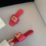 Slippers Slippers  Summer New Square Rinestones Satin Smooth Block Womens Soes Fasion Slide Comfortable Ligt Sandals Silk H240327