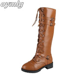 kamames Lace Up Knee High Boots Women Fashion Boots Flats Shoes Woman Square Heel Rubber Flock Boots Botas Winter Buckle Size 43