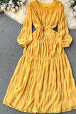 kamames Autumn Women Draped Chiffin Dress Femael Vintage Round Neck Puff Long Sleeve High Waist A-Line Loose Pleated Robe New