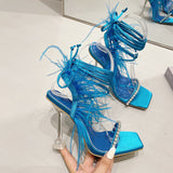 kamames 2024 New Catwalk Style Square-Headed Women's Shoes Diamond Feather With Summer