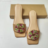 kamames ZARZ Women Slippers 2022 New Summer Flat Sandals Luxury Brand Beige Fashion Crystal Square-Toe Woman Beach Shoes Plus Size 41