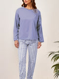 Plaid Print Pocket Crew Neck Long Pajamas Set, Casual Long Sleeve Pajama Top & Comfortable Long Pant, Women's Loungewear & Sleepwear