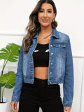 Women's Casual Long Sleeve Blue Denim Jacket - Vintage Style with Flap Pockets, Solid Color, Easy-Care for Spring/Fall