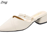 kamames Party Women Mules Slipper Pointed Toe Block Strap Closed Shallow High Heels Shoes Sandals Black Beige Square heel Pumps