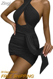 Zingj Cross Halter Neck Women Bodycon Dress Sexy Solid Color Sleeveless Pleated Ruched Mini Sheath Dress Party Backless Wear