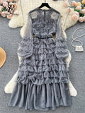 kamames Autumn Sweet Cake Dress Transparent Belt 2023 O Neck French Bow Design Diamonds Mesh Gentle Temperament Long Dress