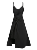 kamames Plain Color Twisted Slit Plunging Midi Dress Solid Color Casual High Waist Plunging Neck Sleeveless High Stretch Robe