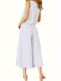 Two-Piece Elegant Outfit - Crew Neck Tank Top & Wide Leg Pants Set - Polyester Solid Color Spring/Summer Wear with Zipper, No Elasticity, Woven Fabric, and Classic Style