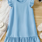 Girls' Summer Elegance: Flutter Sleeve Solid Color Dress - Ruffle Hem, Perfect for Holiday & Party Celebrations