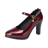 kamames Leather Catwalk High Heel Women's Pointed High Heel Thick-Soled Waterproof Platform Professional Black Work Shoes Large-Size Single Shoes