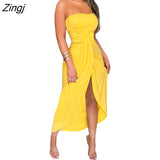 kamames Women Strapless Dress Fashion Solid Color Off-Shoulder Sleeveless Slit Dress with Cropped Hem for Ladies Yellow/White/Grey/Red