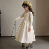 kamames Autumn Kids Girls Beige Grey Simple Casual Patchwork Princess Elegant Long Sleeve Dresses Korean Style