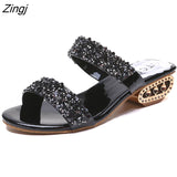 kamames Sequin Slippers Women Summer Luxury Golden Square Heel Party Shoes Slides Woman Open Toe Med Heels Beach Shoes