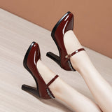 kamames Leather Catwalk High Heel Women's Pointed High Heel Thick-Soled Waterproof Platform Professional Black Work Shoes Large-Size Single Shoes