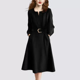 kamames Women's Elegant Fashion Chic V-neck Long Sleeve Belt Party Dresses 2023 Spring Autumn Office Lady Black Slim Midi Dress Vestidos