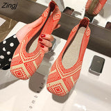 kamames Plus Size Spring New Ballet Flats Women Square Toe Knit Fabric Loafers Breathable Flat Heel Drive Shoes Driving Sneaker