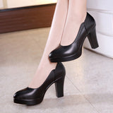 kamames Work Shoes, Women's Black Dress, Professional Leather Shoes, Waterproof Platform, High Heels, Pointed, Large Size, Shallow Mouth, Thick Heels.