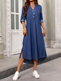 Split Side Plain Dark Washed Blue Button Closure V Neck Elegant Style Midi Denim Dress, Women's Denim Jeans & Clothing