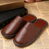 WOTTE Leather Home Slippers for Men Winter Warm Plush Slippers Bedroom Genuine Leather Unisex Men/women House Indoor Shoes