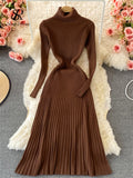 kamames Women Pleated Knitted Dress Turtleneck Long Sleeve Elastic Slim Pencil Dress Autumn Winter Sexy Bodycon Sweater Dress