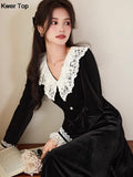 Zingj Vintage Evening Party Velvet Dress Women Elegant Lace Patchwork Y2k Black Dresses Autumn Winter Korean Fashion Vestidos