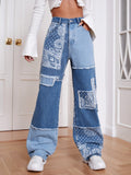 NEW EZwear Paisley Print Patchwork Print Boyfriend Jeans