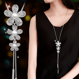 Three Flower Pendant Lariat Necklace Inlaid Faux Pearls Elegant Long Chain Sweater Necklace Sweet Gifts For Friends